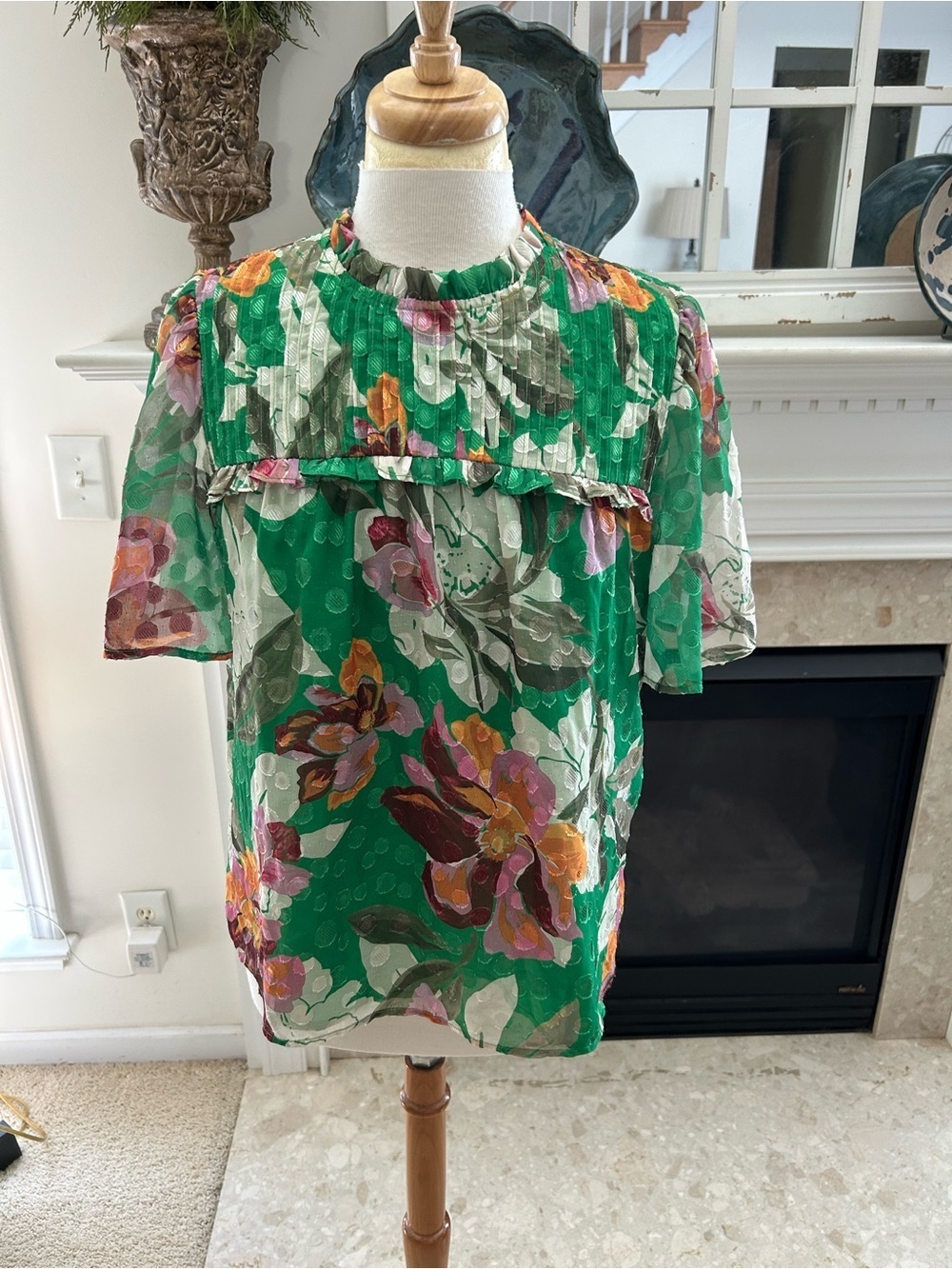 Adelyn Rae Emerald Green Floral Ruffle Pleated Top
